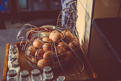 High angle view of eggs in container on table