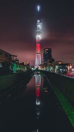 Illuminated buildings in city at night