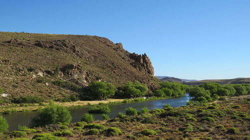 Scenic view of lake against clear blue sky