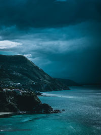 Scenic view of sea by mountain against sky