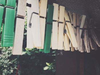 Close-up of clothes drying on clothesline