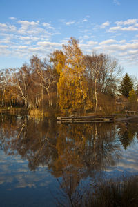 Reflection of trees in lake against sky