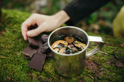 Tourist preparing herbal tea with chocolate while hiking in the mountains. picnic of tourists in the