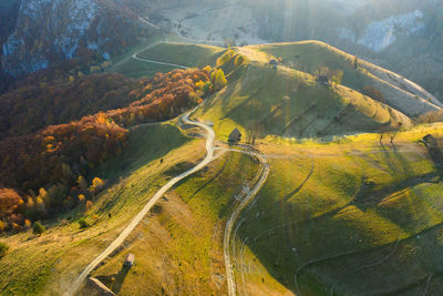 Autumn landscape drone aerial shot in transylvania, romania