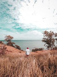 Rear view of man looking at field against sky