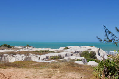 Scenic view of sea against clear blue sky