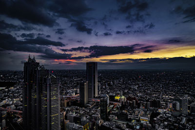 High angle view of cityscape against sky during sunset