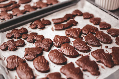 Close-up of chocolate cookies in baking sheet