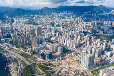 High angle view of modern buildings in city