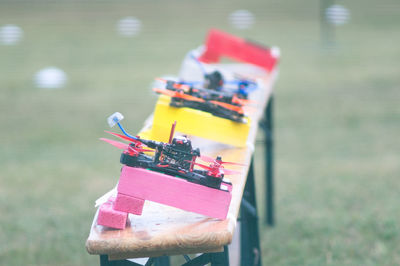 High angle view of toys on table in yard