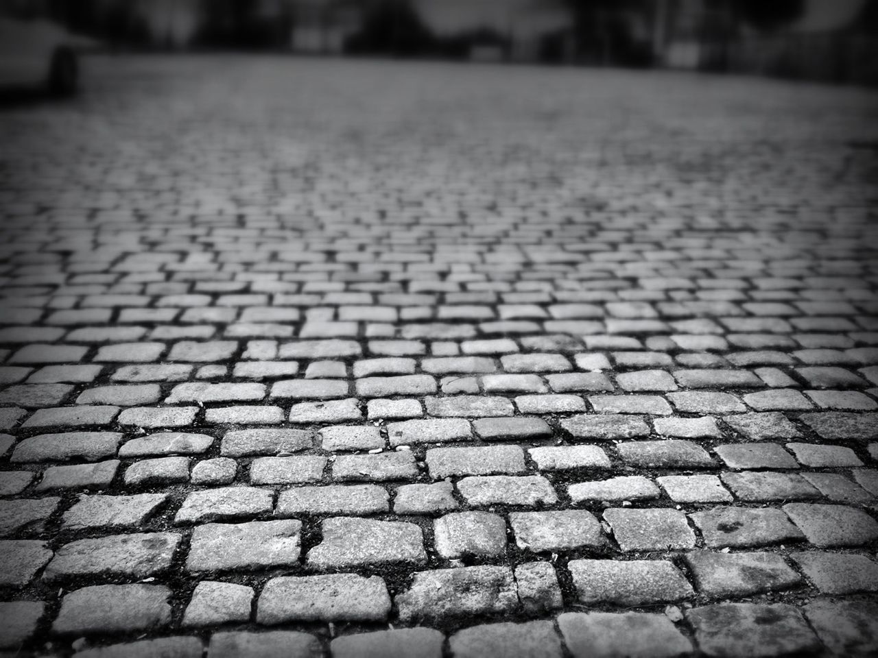 cobblestone, monochrome, black and white, street, road surface, footpath, monochrome photography, city, black, stone, no people, pattern, asphalt, paving stone, focus on foreground, darkness, day, textured, flooring, outdoors, white, the way forward, vignette, backgrounds, architecture, lane, light, nature, sidewalk