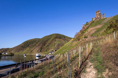 Scenic view of mountains against clear blue sky