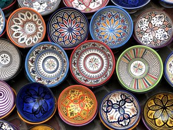 Full frame shot of patterned pottery for sale at market stall