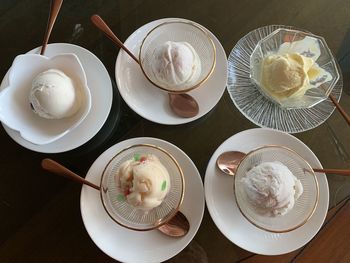 High angle view of dessert served on table