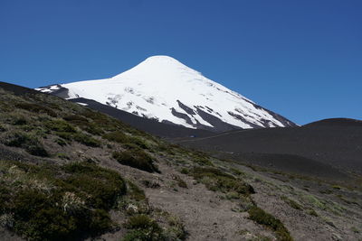 Scenic view of snowcapped mountains against clear blue sky