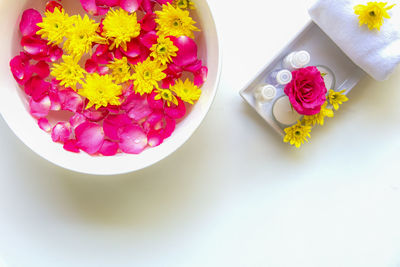 High angle view of pink flowers on table