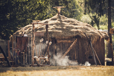 View of old hut on field