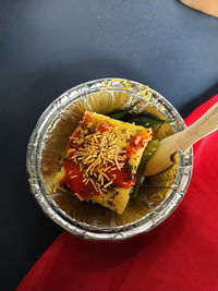 High angle view of fruits in bowl on table