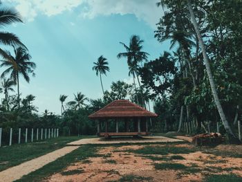 Gazebo by palm trees on field against sky