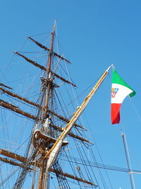 Low angle view of sailboat against clear blue sky