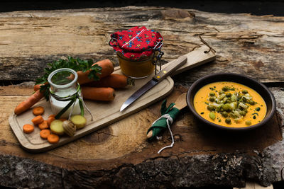 High angle view of breakfast on table