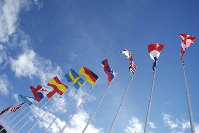 Low angle view of flags against sky