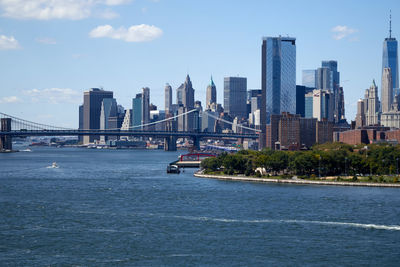 Bridge over river against buildings in city