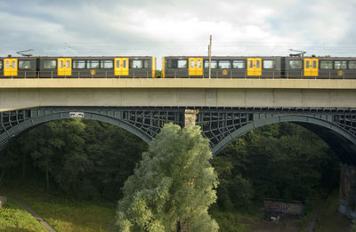 Train on bridge against sky