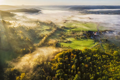 Germany, baden-wurttemberg, drone view of wieslauftal valley shrouded in thick autumn fog at dawn