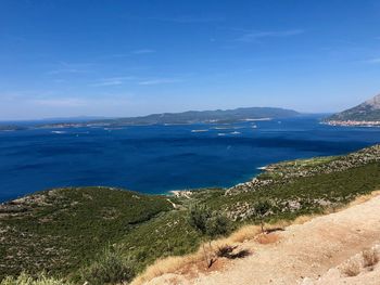 Scenic view of sea against blue sky