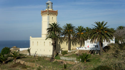 Church by palm trees against sky