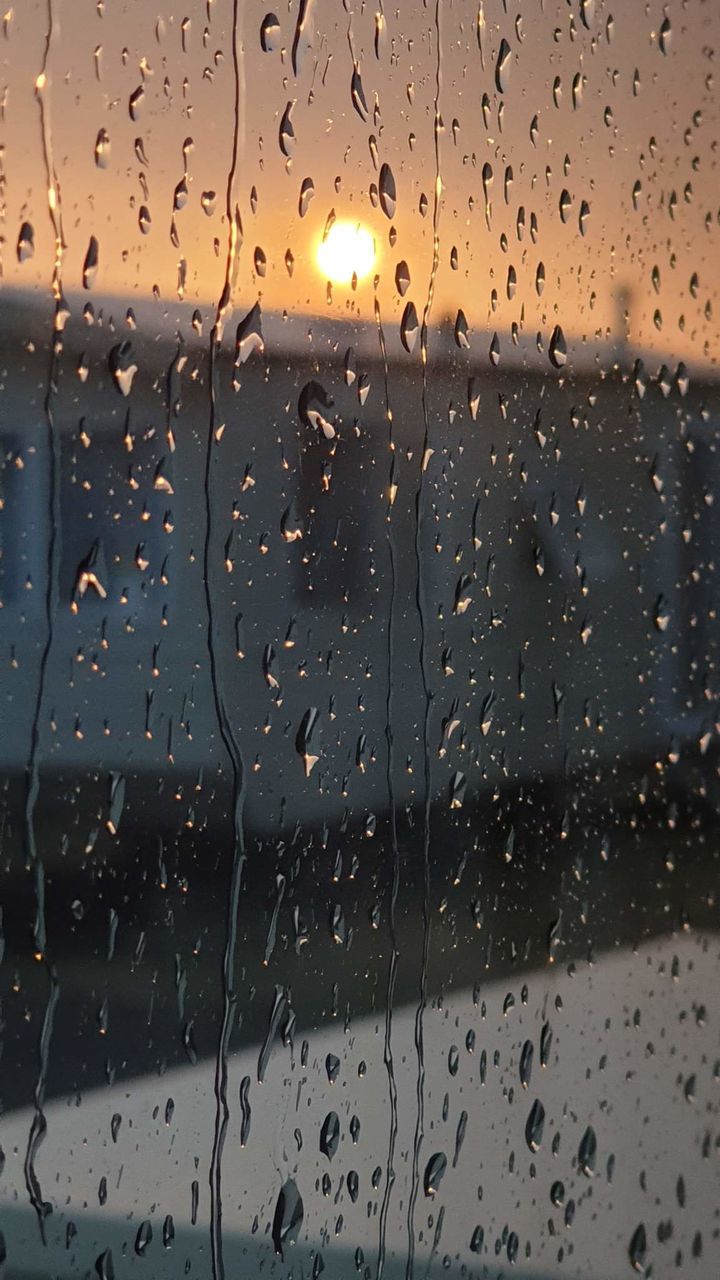 drop, wet, water, glass - material, rain, transparent, window, sky, no people, nature, rainy season, full frame, indoors, raindrop, sunset, focus on foreground, close-up, backgrounds, glass