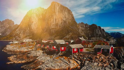 Fishing hut at spring sunset - reine, lofoten islands, norway