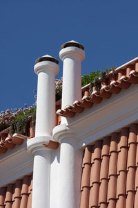 Low angle view of roof of building against clear blue sky