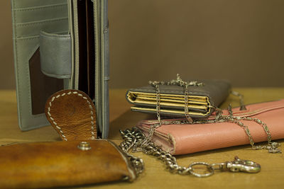 Close-up of wallets on table