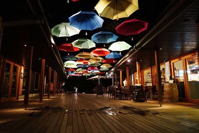 Umbrellas on ceiling of restaurant