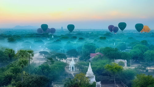 View of hot air balloons against sky during sunset,unseen of myanmar