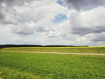 Scenic view of field against cloudy sky