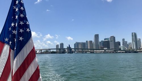 Sea by buildings against blue sky