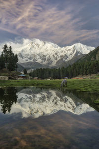 Scenic view of lake and mountains against sky