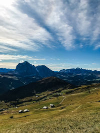 Scenic view of field and mountains against sky