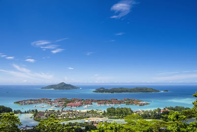 Aerial view of luxury eden island estate from  viewpoint of lamisere road, mahe island, seychelles