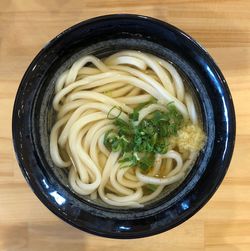 High angle view of soup in bowl on table