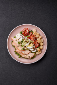 High angle view of food in plate on table