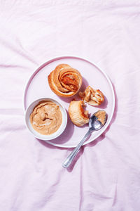 High angle view of breakfast served on table