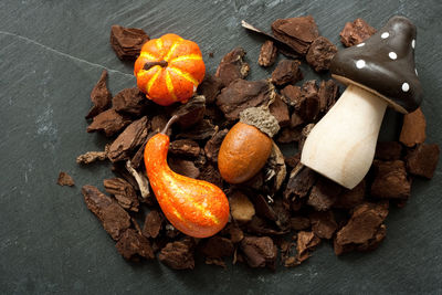 High angle view of pumpkins acorn and mushroom on table