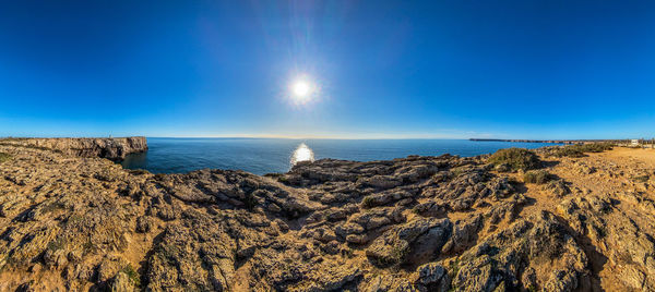 Panoramic view of sea against clear blue sky