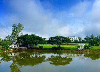 Scenic view of lake against cloudy sky