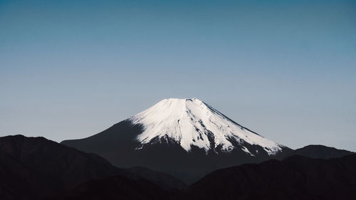 Scenic view of snowcapped mountains against clear sky