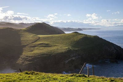 Scenic view of sea and mountains against sky